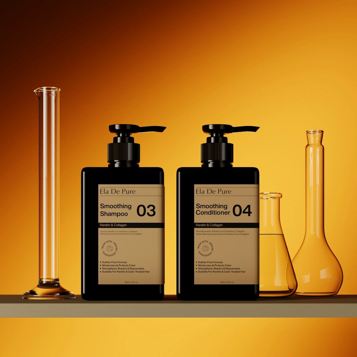 A shelf with three bottles and a flask of liquid